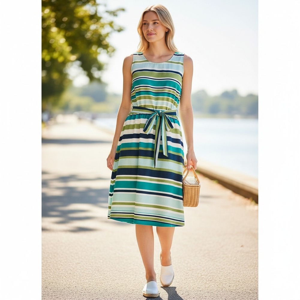 Banana Republic Stripe Dress Womens 6 Teal Green Sleeveless Belted Fit Flare